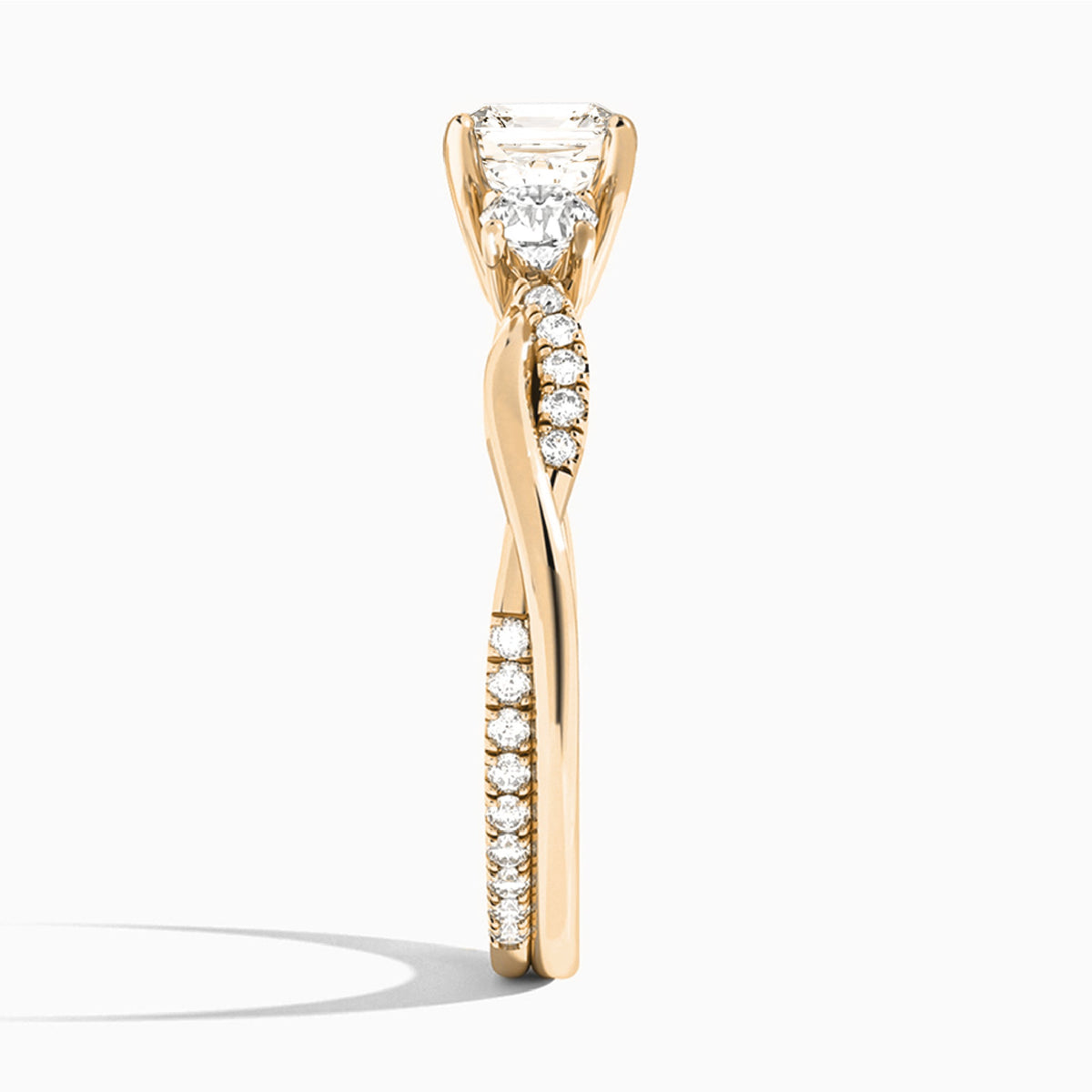 Asscher Three Stone Twisted Vine Lab Diamond Engagement Ring In 14K Rose Gold, Side View