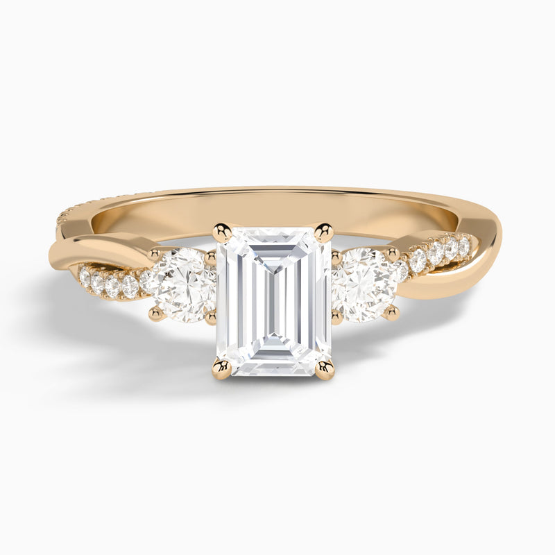 Emerald Three Stone Twisted Vine Lab Diamond Engagement Ring In 14K Rose Gold - Lucenjuri