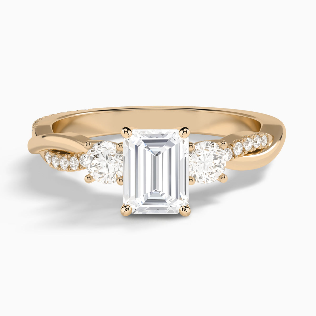 Emerald Three Stone Twisted Vine Lab Diamond Engagement Ring In 14K Rose Gold - Lucenjuri