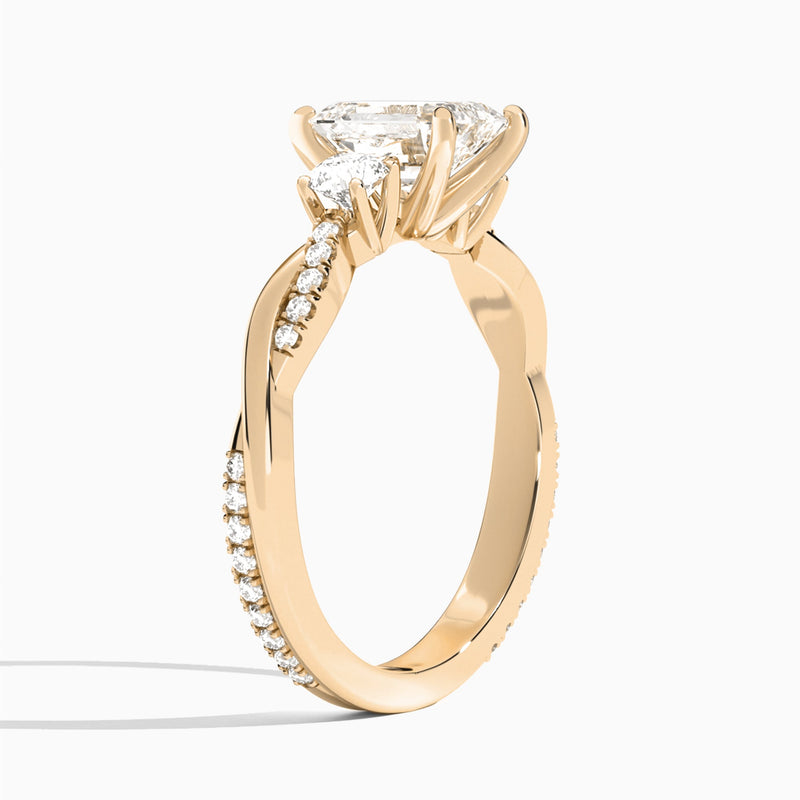 Emerald Three Stone Twisted Vine Lab Diamond Engagement Ring In 14K Rose Gold, Angle View