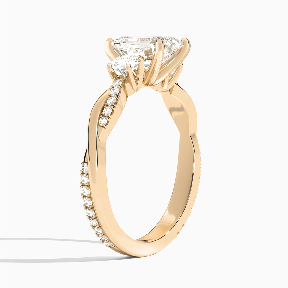 Emerald Three Stone Twisted Vine Lab Diamond Engagement Ring In 14K Rose Gold, Angle View