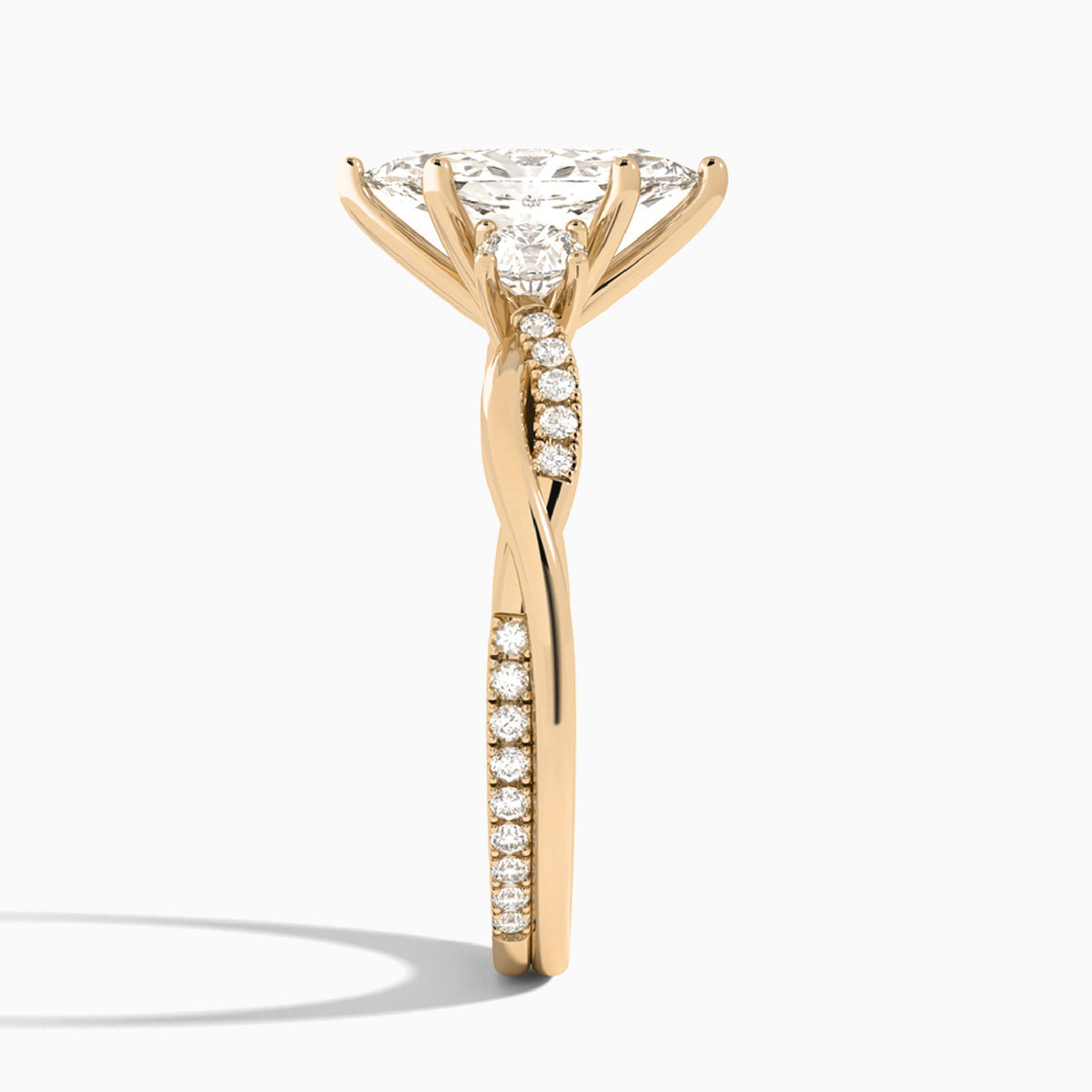 Marquise Three Stone Twisted Vine Lab Diamond Engagement Ring In 14K Rose Gold, Side View