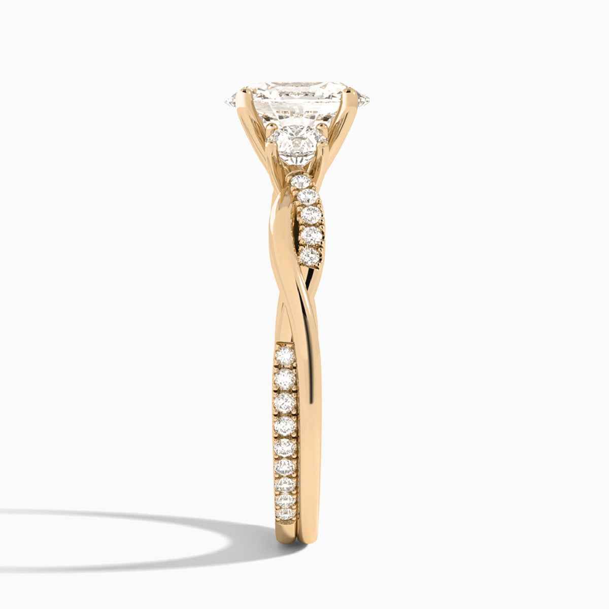Oval Three Stone Twisted Vine Lab Diamond Engagement Ring In 14K Rose Gold, Side View