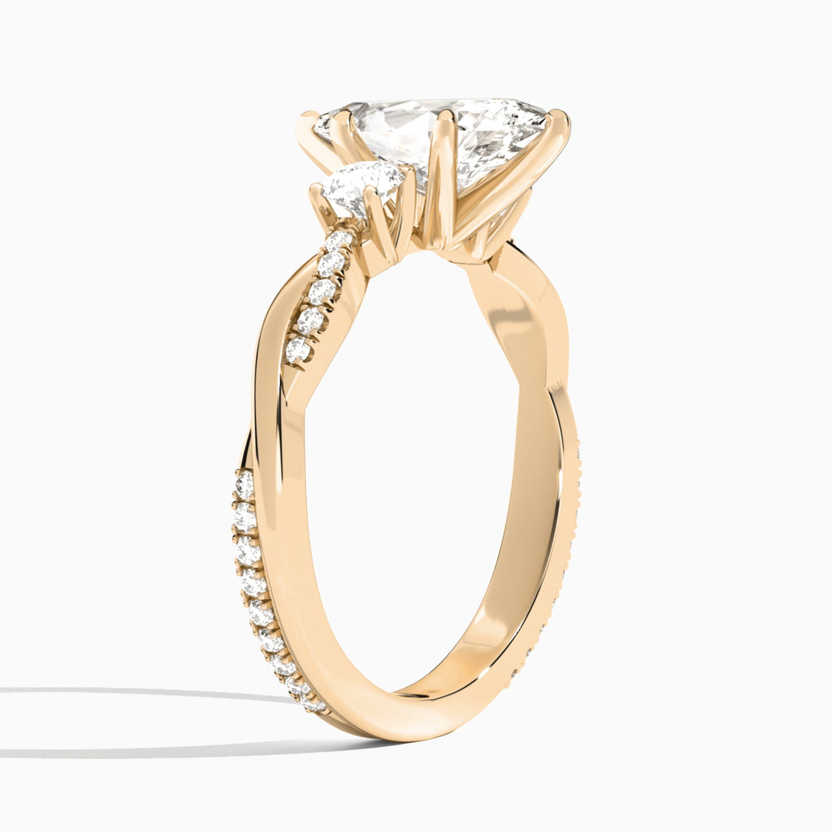 Pear Three Stone Twisted Vine Lab Diamond Engagement Ring In 14K Rose Gold, Angle View