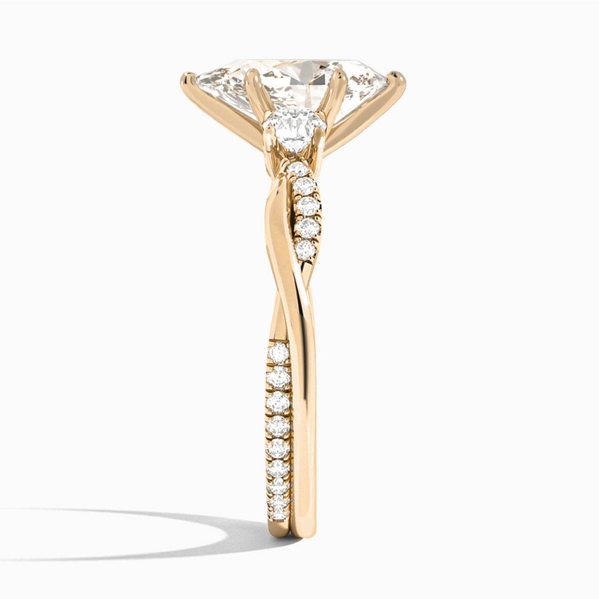 Pear Three Stone Twisted Vine Lab Diamond Engagement Ring In 14K Rose Gold, Side View
