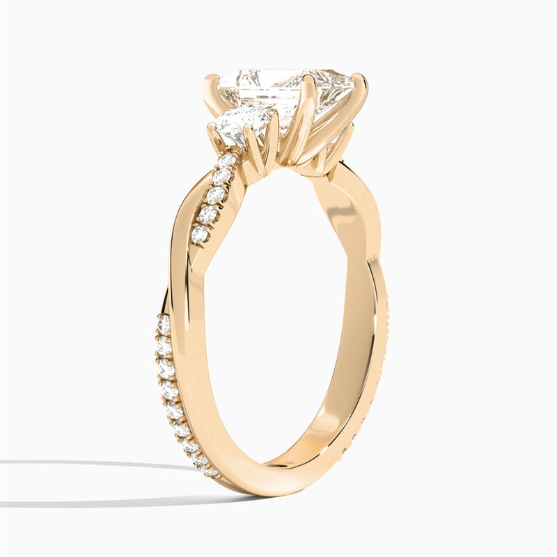 Radiant Three Stone Twisted Vine Lab Diamond Engagement Ring In 14K Rose Gold, Angle View