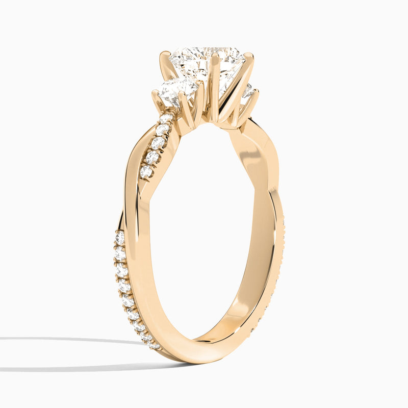 Round Three Stone Twisted Vine Lab Diamond Engagement Ring In 14K Rose Gold, Angle View