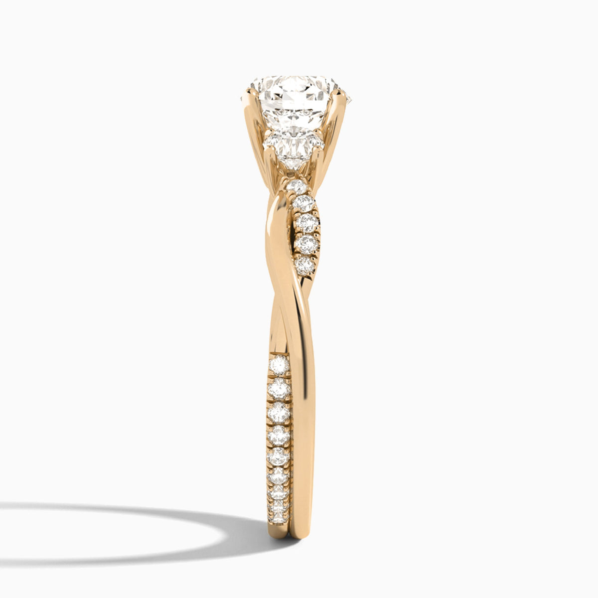 Round Three Stone Twisted Vine Lab Diamond Engagement Ring In 14K Rose Gold, Side View