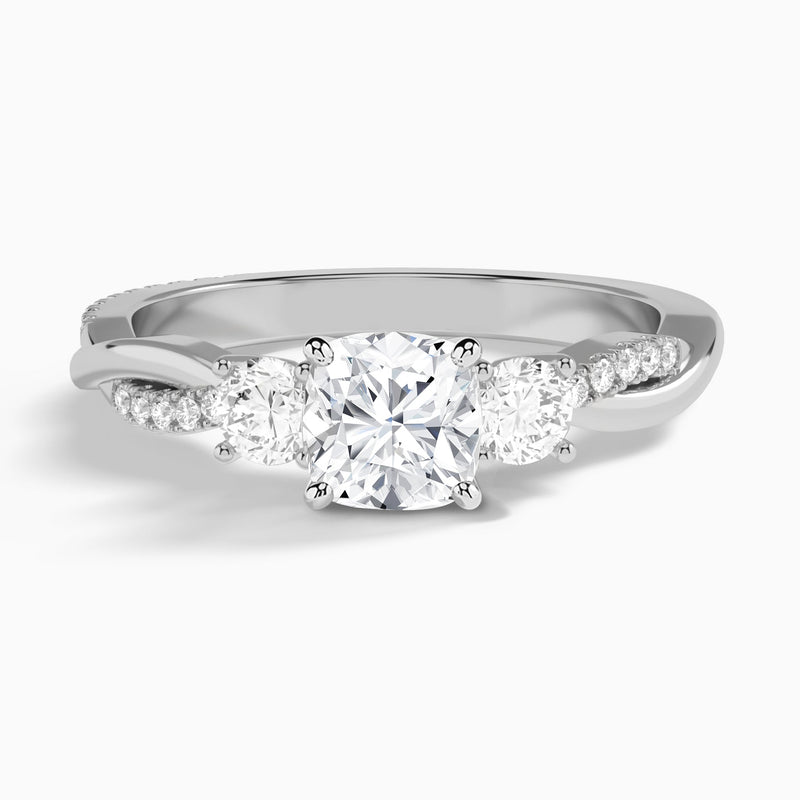 Cushion Three Stone Twisted Vine Lab Diamond Engagement Ring In 18K White Gold - Lucenjuri
