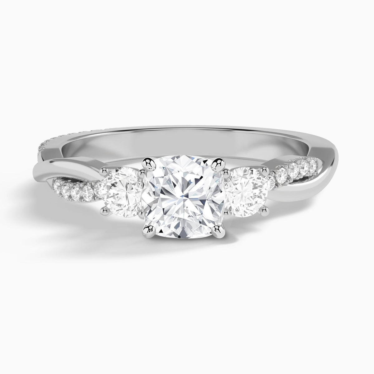 Cushion Three Stone Twisted Vine Lab Diamond Engagement Ring In 18K White Gold - Lucenjuri