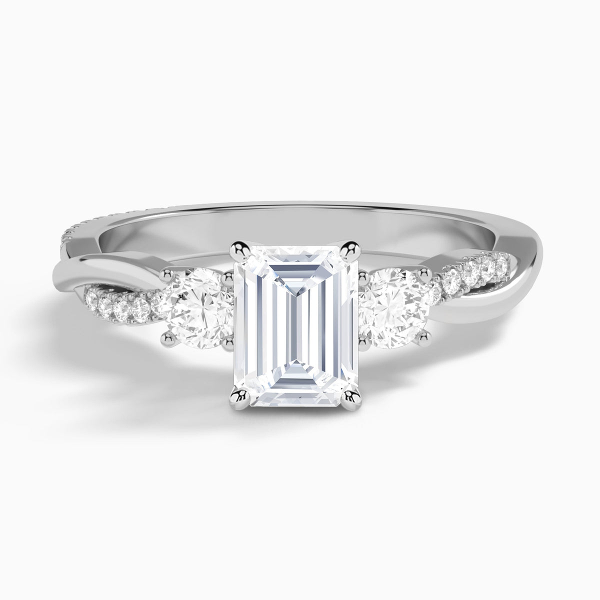 Emerald Three Stone Twisted Vine Lab Diamond Engagement Ring In 18K White Gold - Lucenjuri