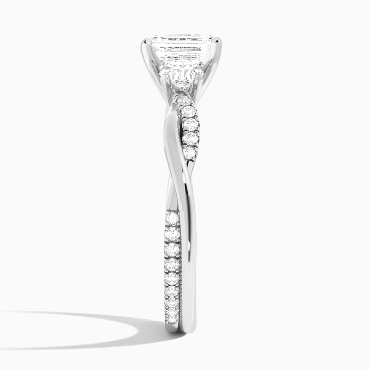 Emerald Three Stone Twisted Vine Lab Diamond Engagement Ring In 18K White Gold, Side View