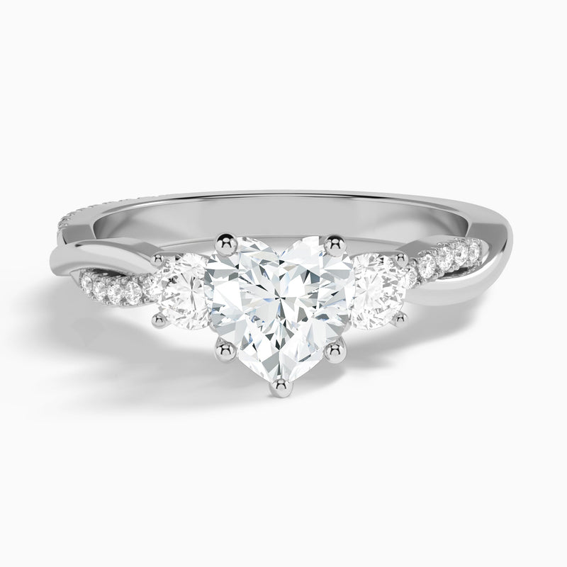 Heart Three Stone Twisted Vine Lab Diamond Engagement Ring In 14K White Gold - Lucenjuri
