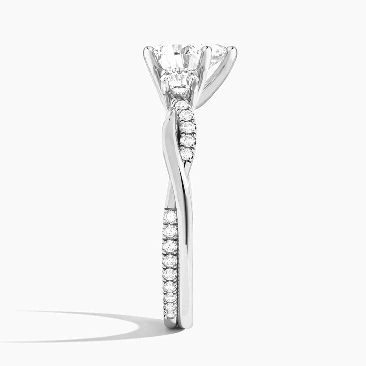 Heart Three Stone Twisted Vine Lab Diamond Engagement Ring In 18K White Gold, Side View