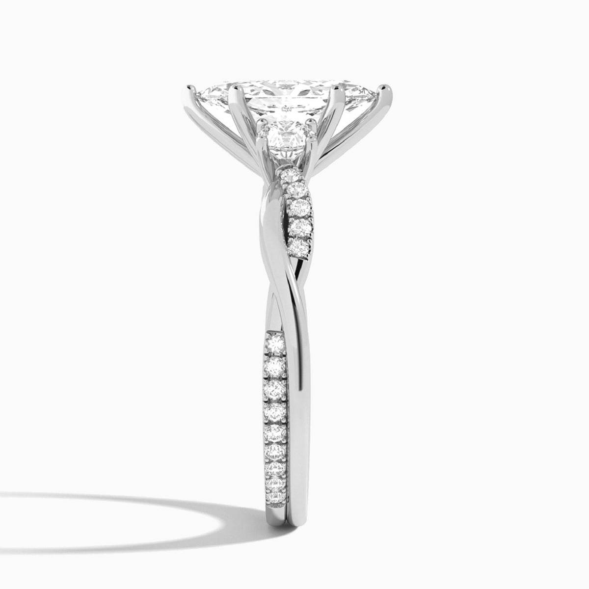 Marquise Three Stone Twisted Vine Lab Diamond Engagement Ring In 14K White Gold, Side View