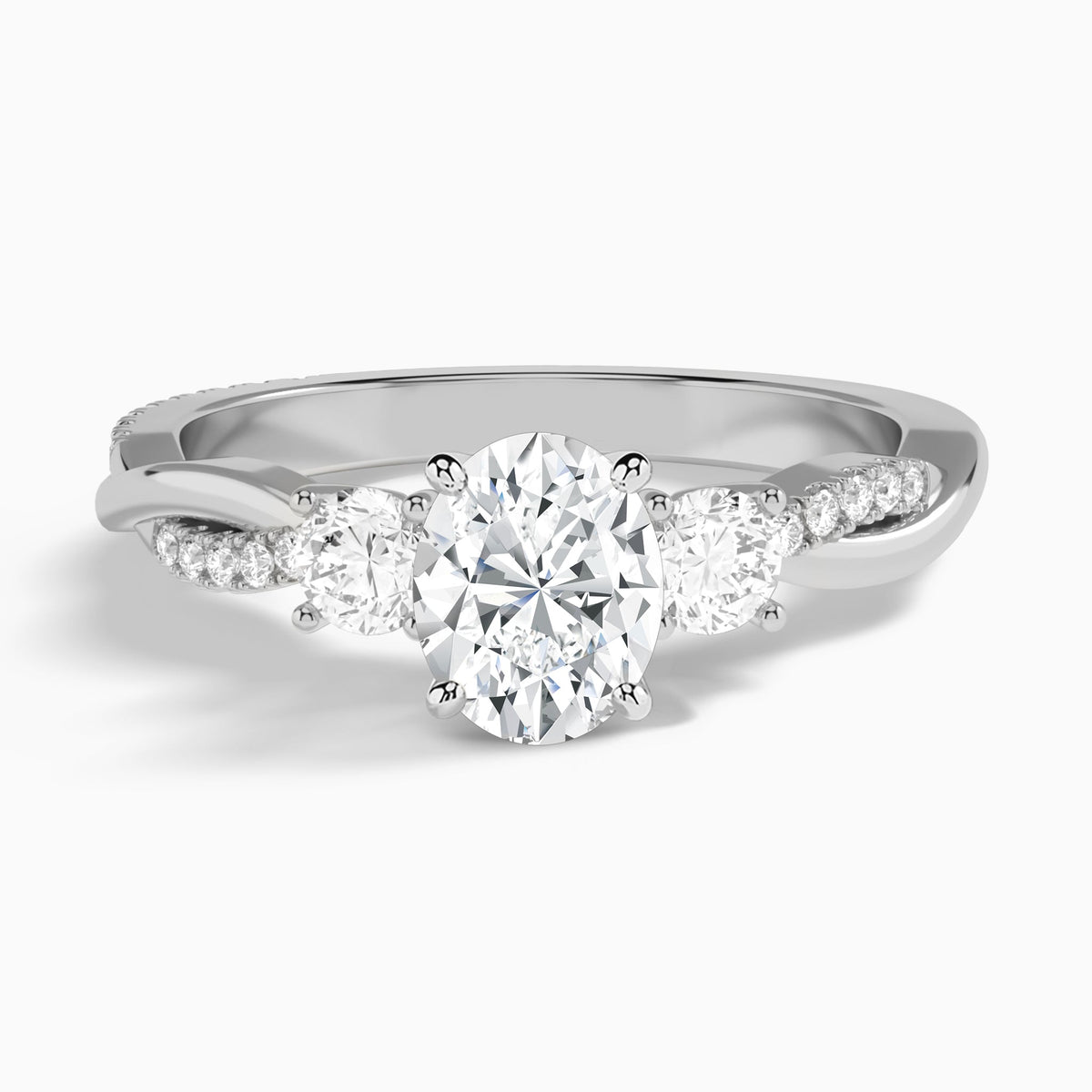 Oval Three Stone Twisted Vine Lab Diamond Engagement Ring In 14K White Gold - Lucenjuri