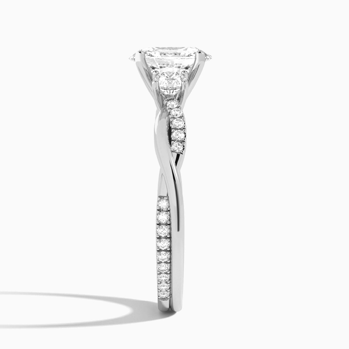 Oval Three Stone Twisted Vine Lab Diamond Engagement Ring In 14K White Gold, Side View