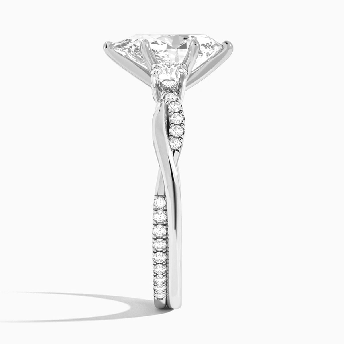 Pear Three Stone Twisted Vine Lab Diamond Engagement Ring In 18K White Gold, Side View