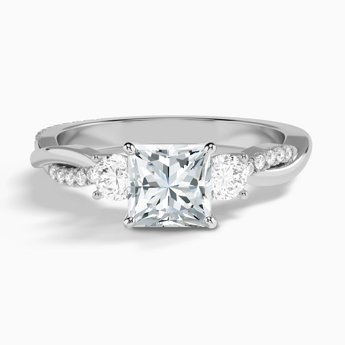 Princess Three Stone Twisted Vine Lab Diamond Engagement Ring In 18K White Gold - Lucenjuri