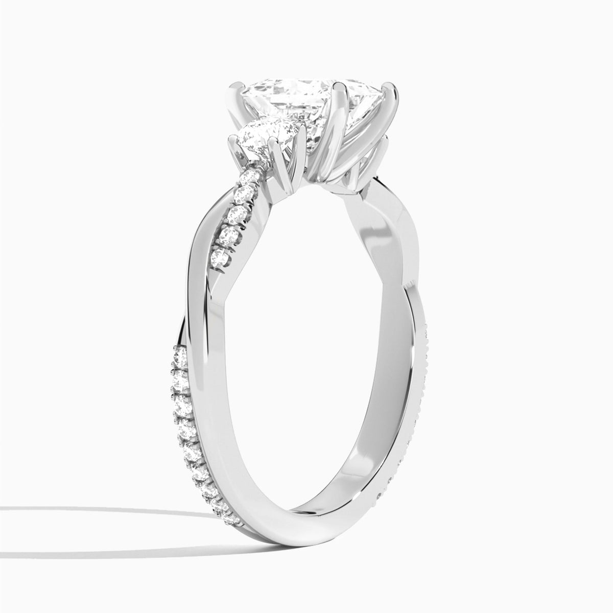 Princess Three Stone Twisted Vine Lab Diamond Engagement Ring In 14K White Gold, Angle View