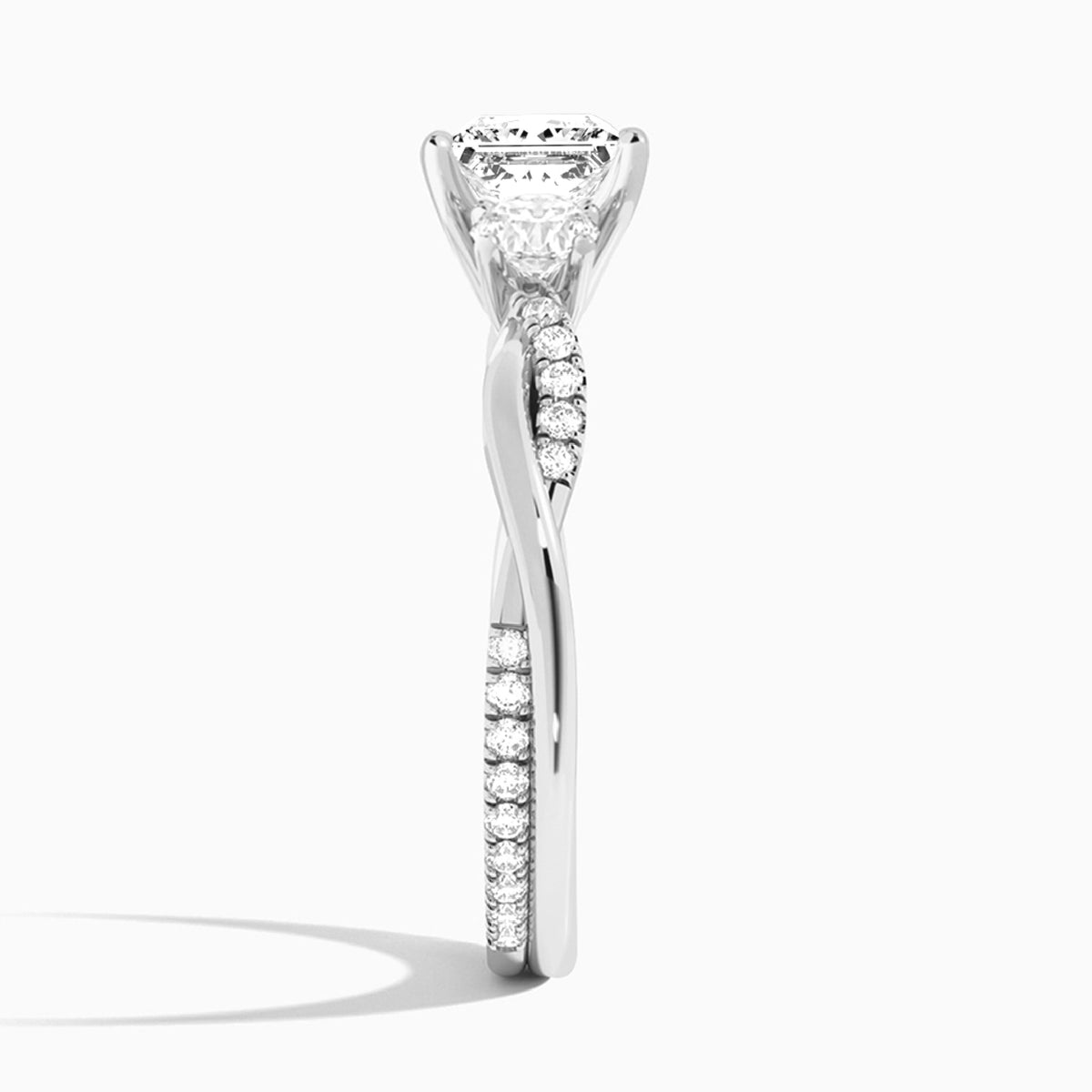 Princess Three Stone Twisted Vine Lab Diamond Engagement Ring In 14K White Gold, Side View