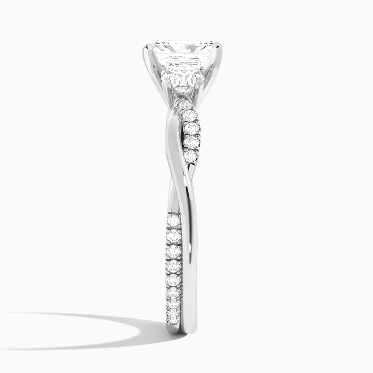 Radiant Three Stone Twisted Vine Lab Diamond Engagement Ring In 14K White Gold, Side View
