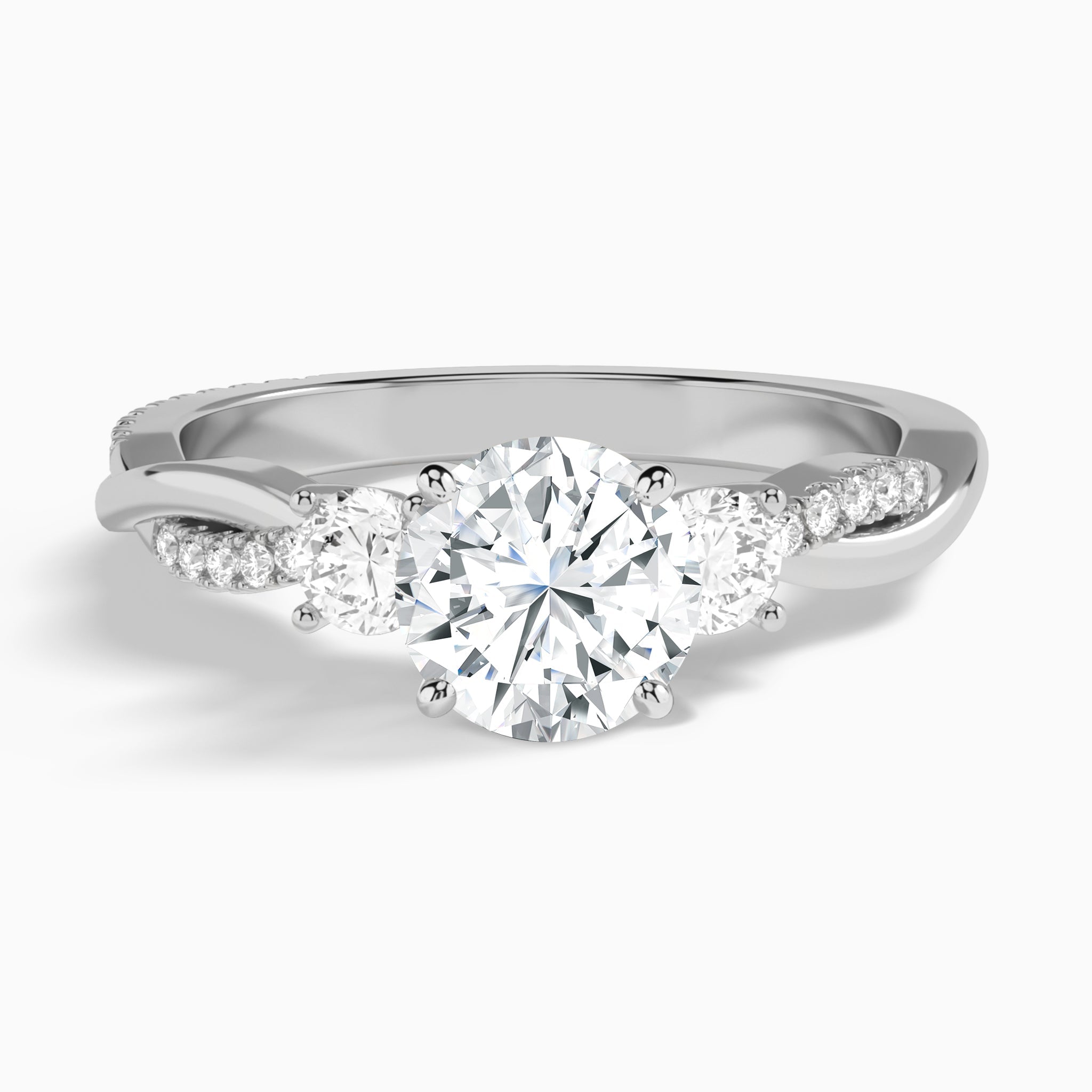 Round Three Stone Twisted Vine Lab Diamond Engagement Ring In 14K White Gold - Lucenjuri