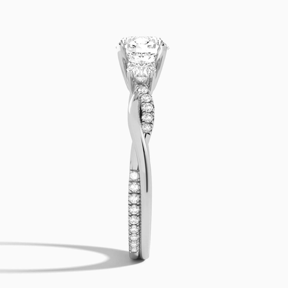 Round Three Stone Twisted Vine Lab Diamond Engagement Ring In 18K White Gold, Side View