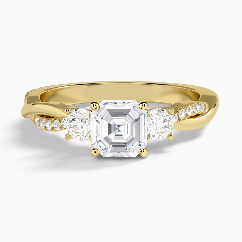 Asscher Three Stone Twisted Vine Lab Diamond Engagement Ring In 14K Yellow Gold - Lucenjuri