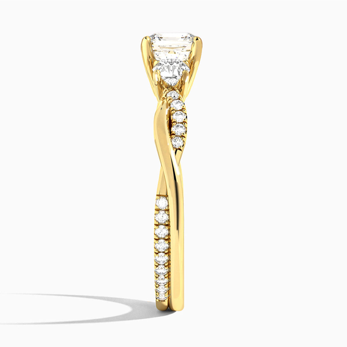 Asscher Three Stone Twisted Vine Lab Diamond Engagement Ring In 14K Yellow Gold, Side View