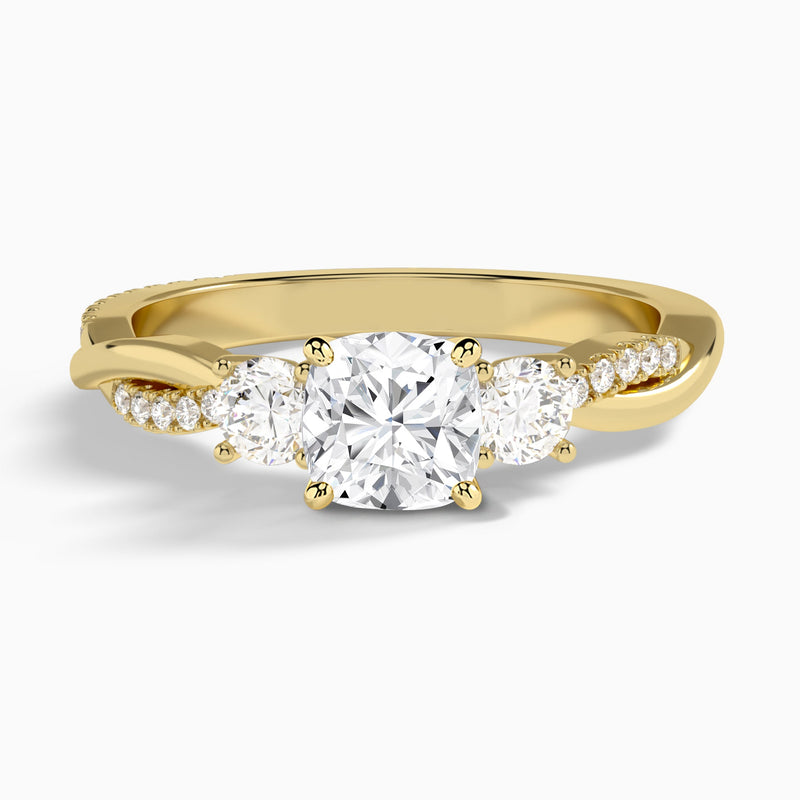 Cushion Three Stone Twisted Vine Lab Diamond Engagement Ring In 18K Yellow Gold - Lucenjuri