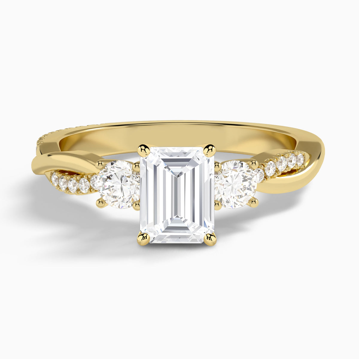 Emerald Three Stone Twisted Vine Lab Diamond Engagement Ring In 14K Yellow Gold - Lucenjuri