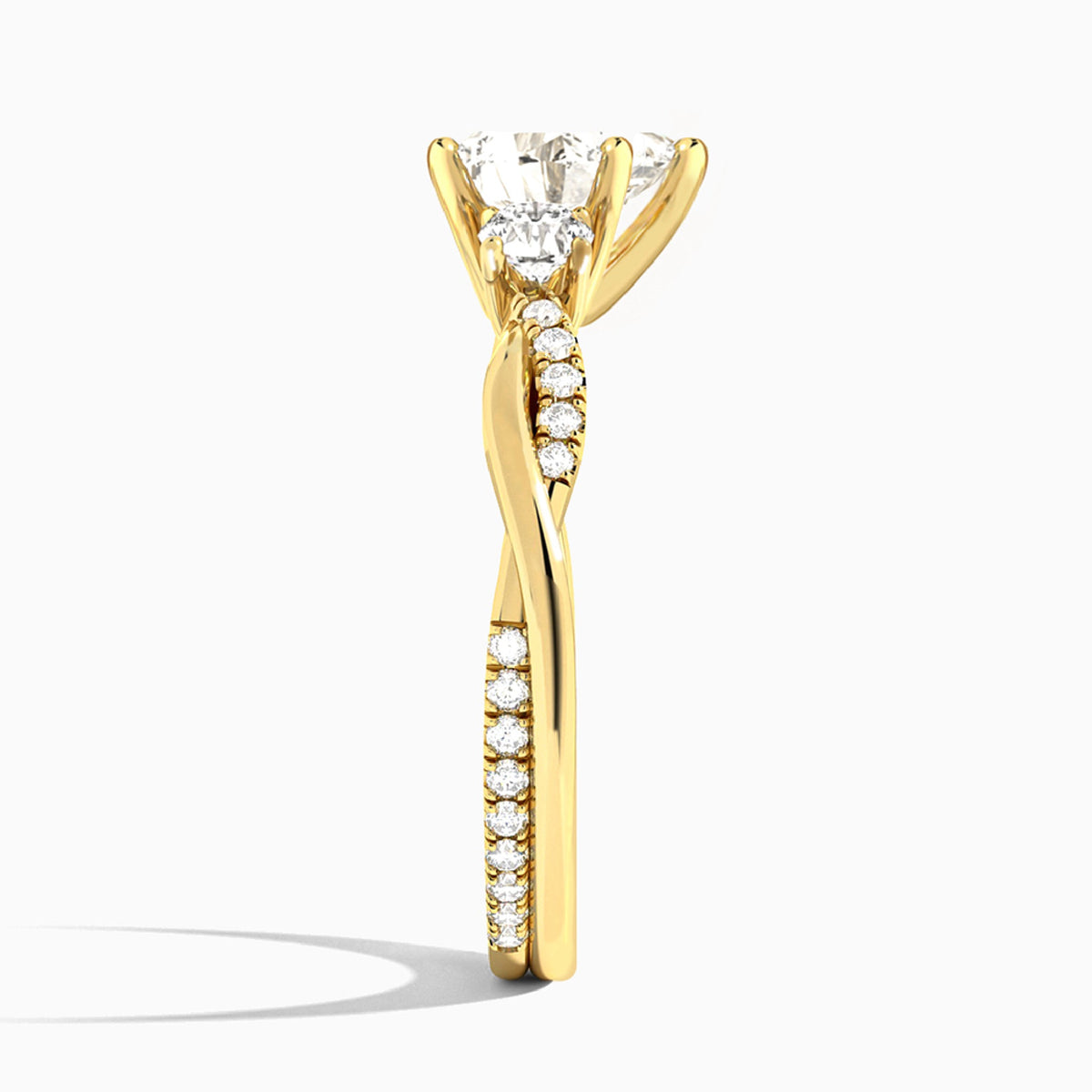 Heart Three Stone Twisted Vine Lab Diamond Engagement Ring In 18K Yellow Gold, Side View