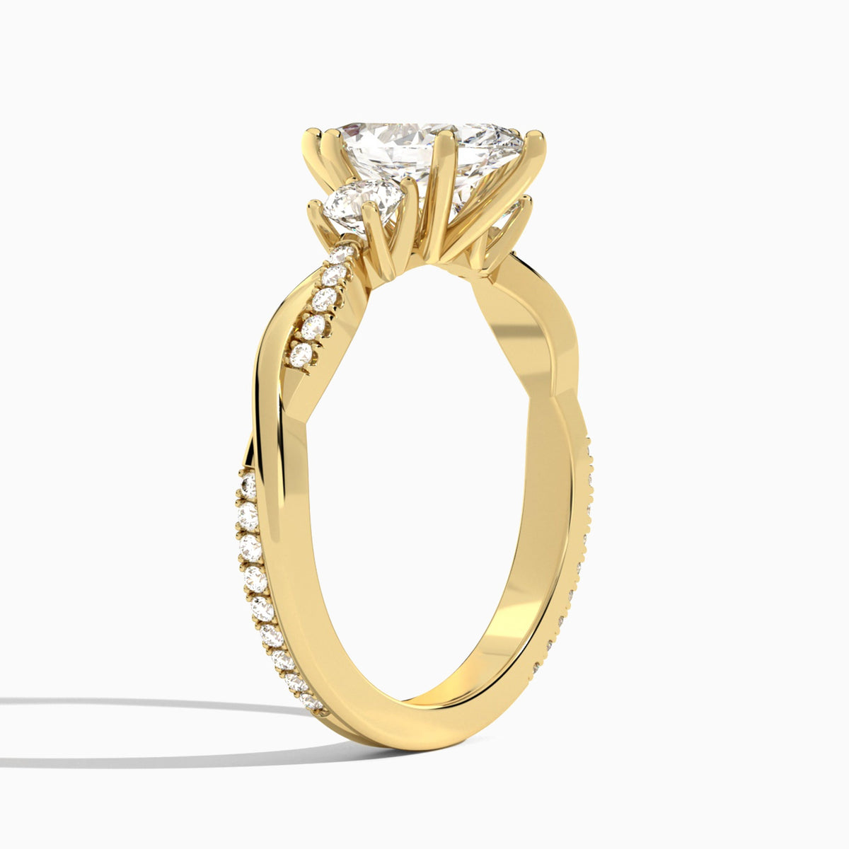 Marquise Three Stone Twisted Vine Lab Diamond Engagement Ring In 18K Yellow Gold, Angle View
