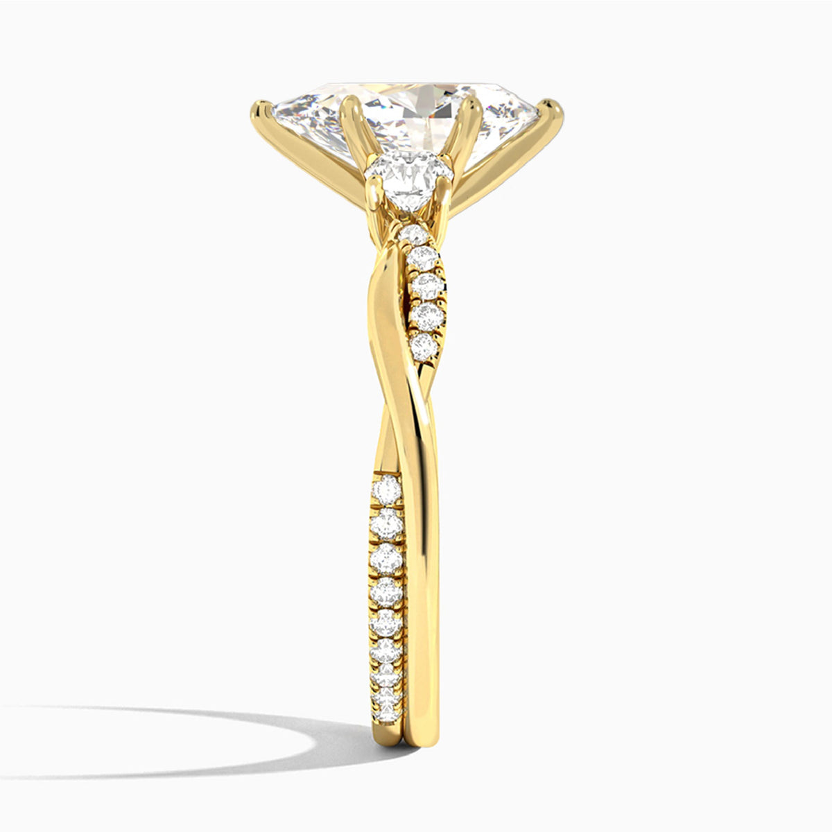 Pear Three Stone Twisted Vine Lab Diamond Engagement Ring In 14K Yellow Gold, Side View