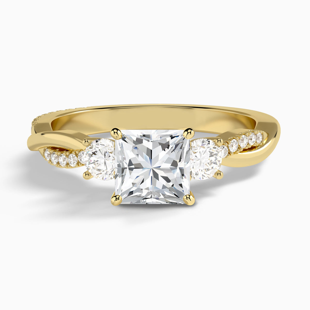 Princess Three Stone Twisted Vine Lab Diamond Engagement Ring In 18K Yellow Gold - Lucenjuri