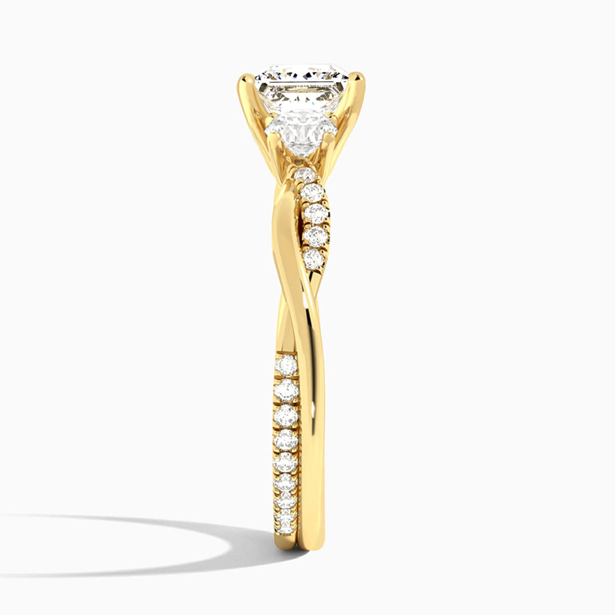 Princess Three Stone Twisted Vine Lab Diamond Engagement Ring In 14K Yellow Gold, Side View