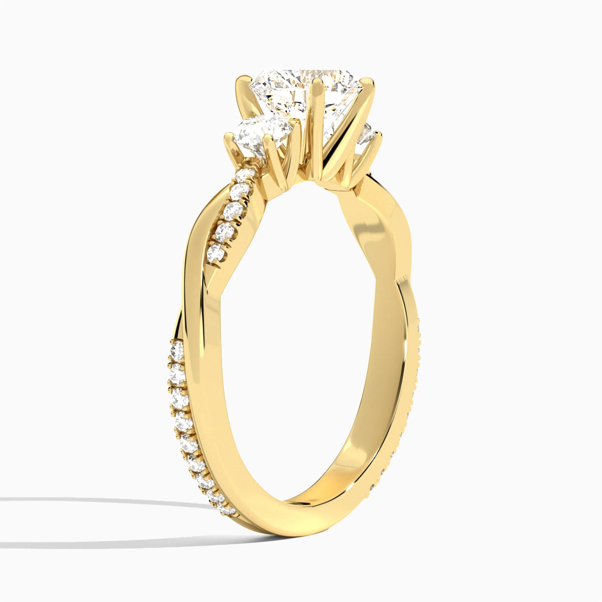 Round Three Stone Twisted Vine Lab Diamond Engagement Ring In 18K Yellow Gold, Angle View