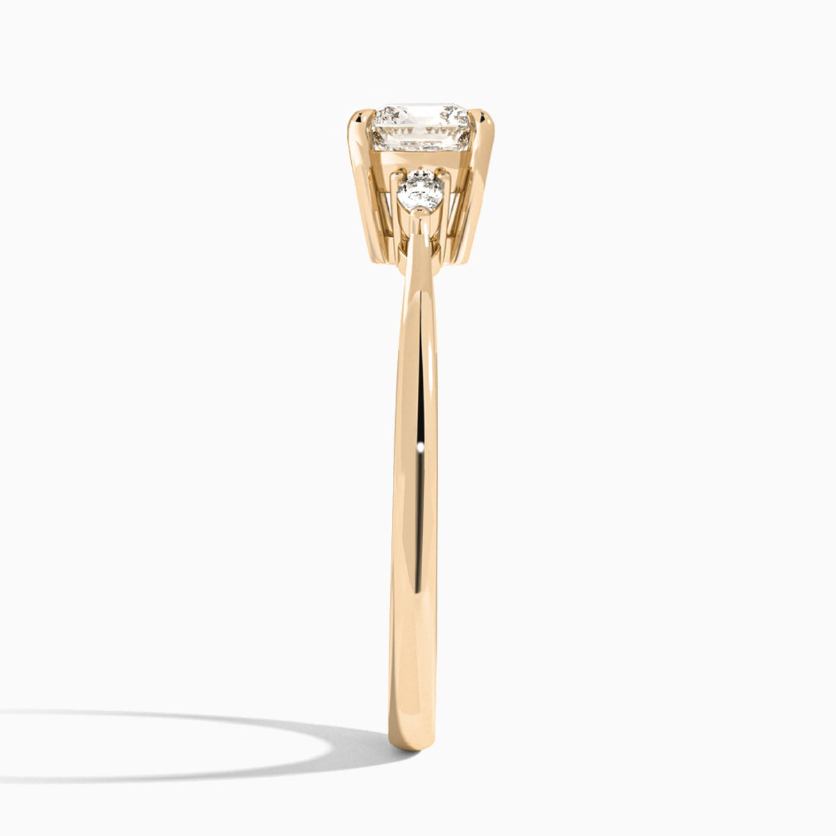 Cushion Dulcie Three Stone Lab Diamond Engagement Ring In 14K Rose Gold, Side View