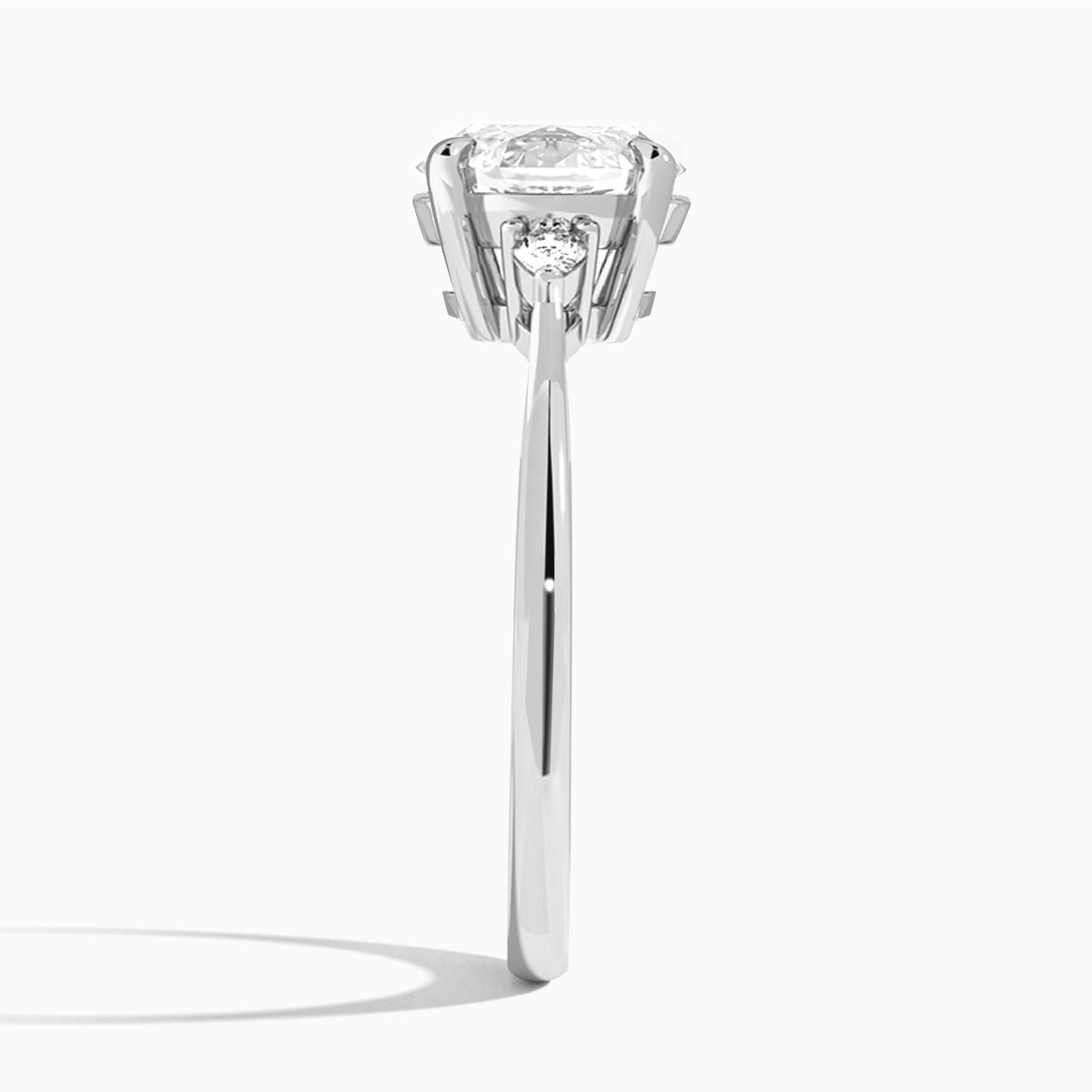 Oval Dulcie Three Stone Lab Diamond Engagement Ring In 18K White Gold, Side View