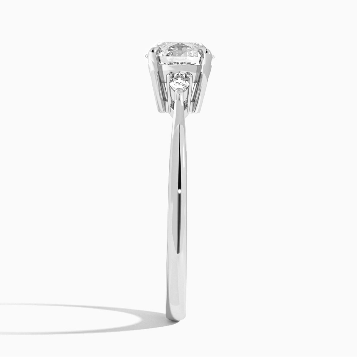Round Dulcie Three Stone Lab Diamond Engagement Ring In 18K White Gold, Side View