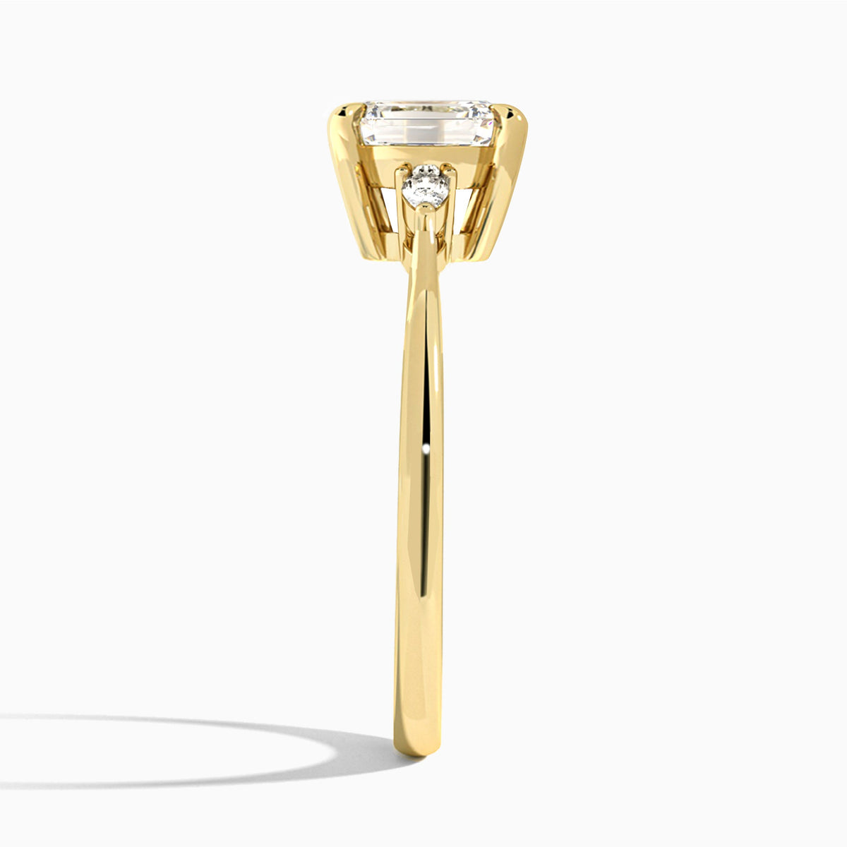 Emerald Dulcie Three Stone Lab Diamond Engagement Ring In 18K Yellow Gold, Side View