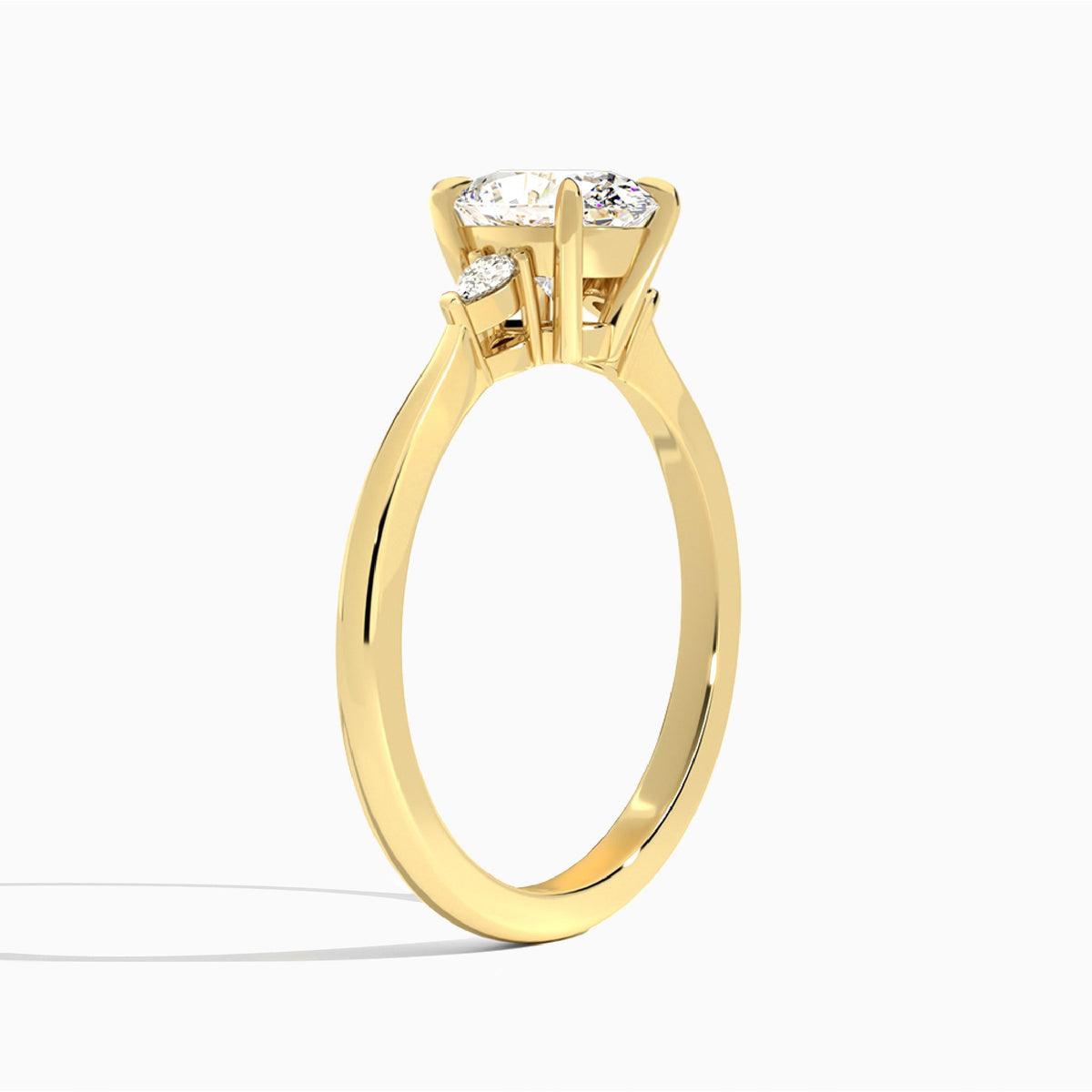 Oval Dulcie Three Stone Lab Diamond Engagement Ring In 18K Yellow Gold, Angle View