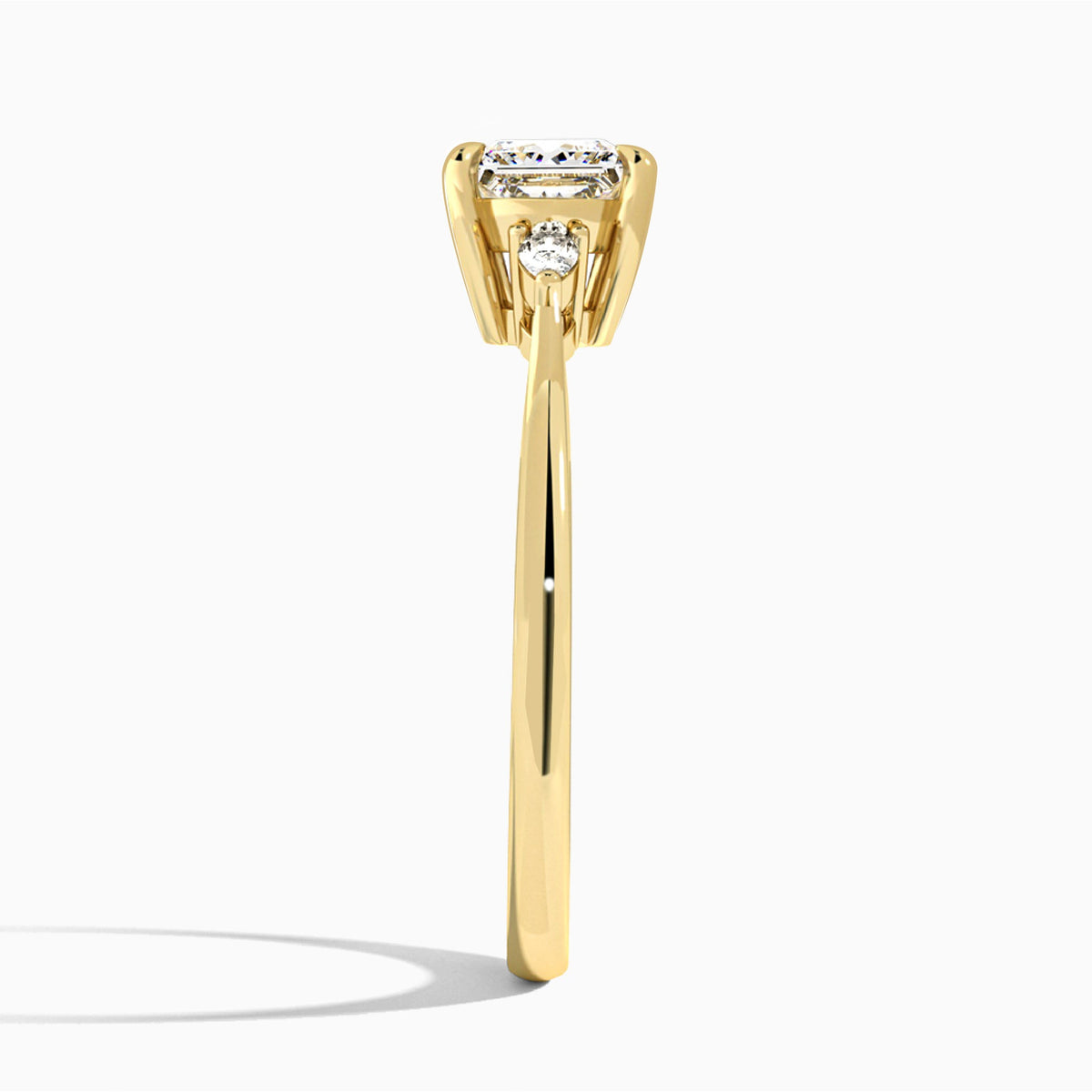 Princess Dulcie Three Stone Lab Diamond Engagement Ring In 14K Yellow Gold, Side View