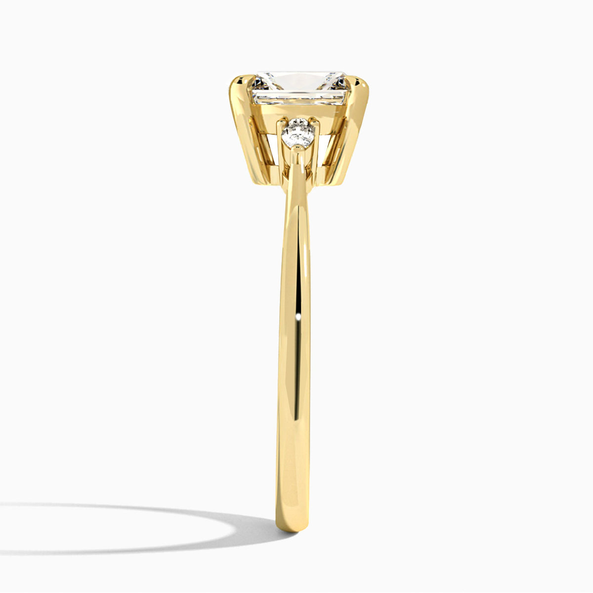 Radiant Dulcie Three Stone Lab Diamond Engagement Ring In 14K Yellow Gold, Side View