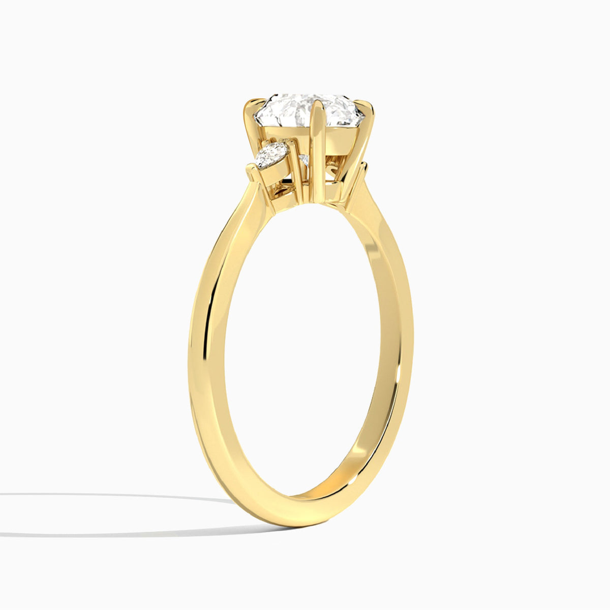 Round Dulcie Three Stone Lab Diamond Engagement Ring In 18K Yellow Gold, Angle View