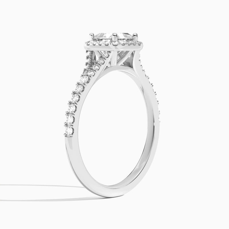 Asscher Bliss Halo Lab Grown Diamond Engagement Ring In 18K White Gold, Angle View