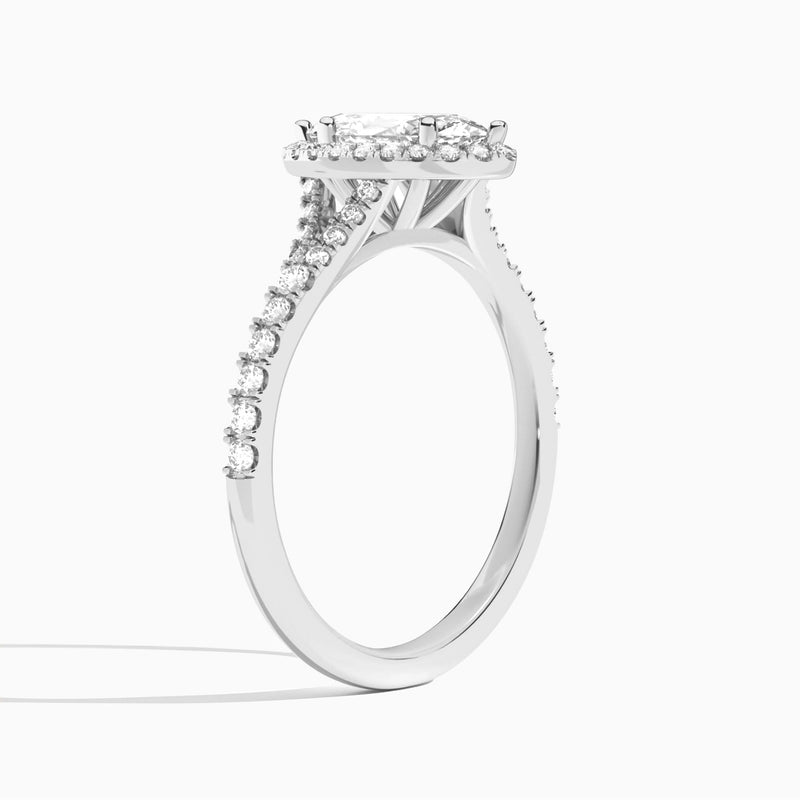 Marquise Bliss Halo Lab Grown Diamond Engagement Ring In 18K White Gold, Angle View