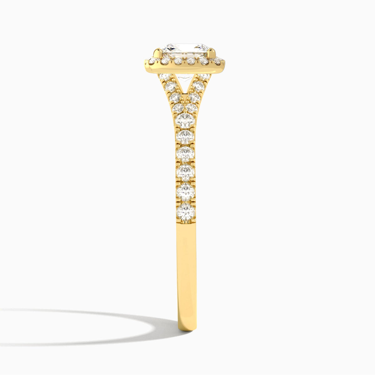 Cushion Bliss Halo Lab Grown Diamond Engagement Ring In 18K Yellow Gold, Side View
