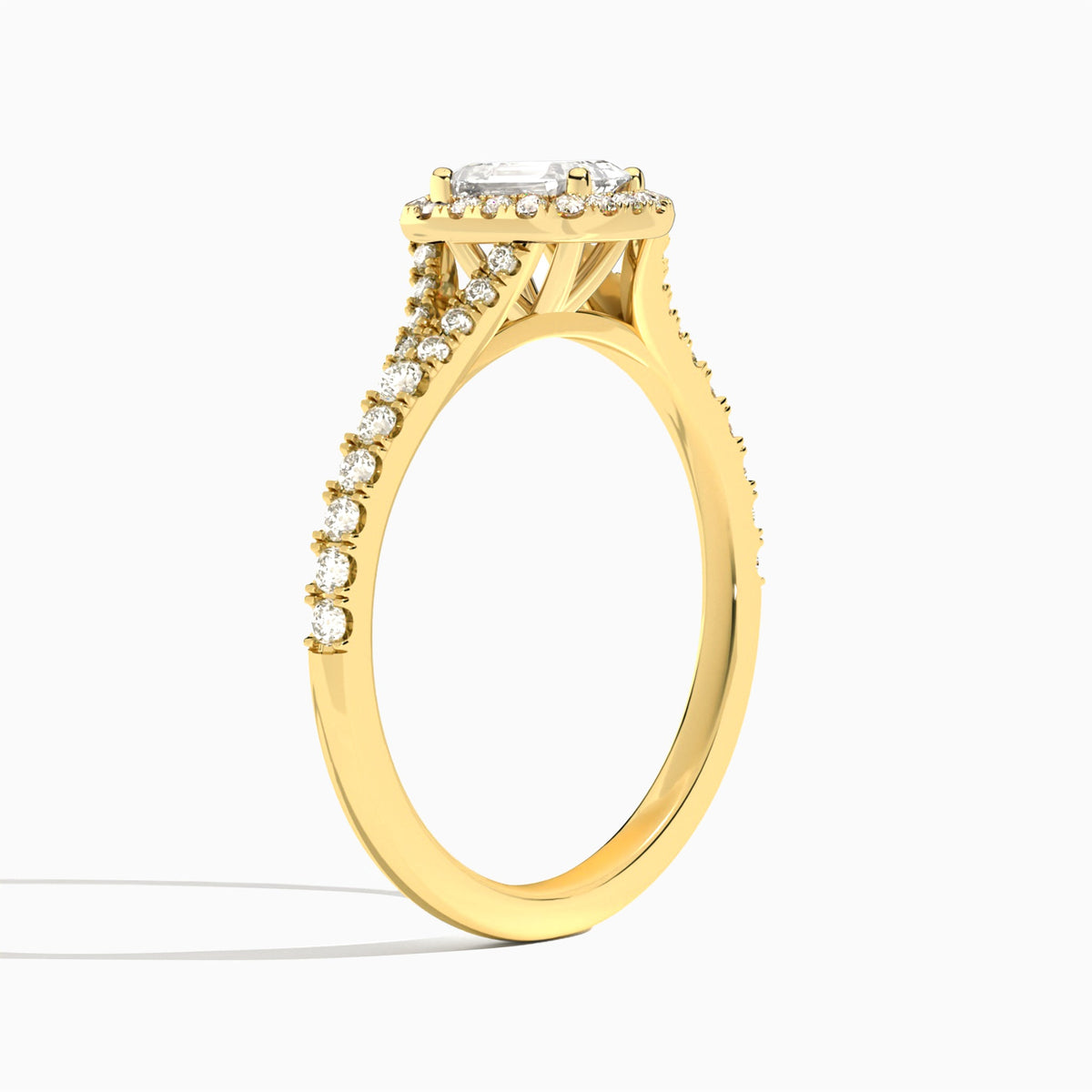 Emerald Bliss Halo Lab Grown Diamond Engagement Ring In 14K Yellow Gold, Angle View